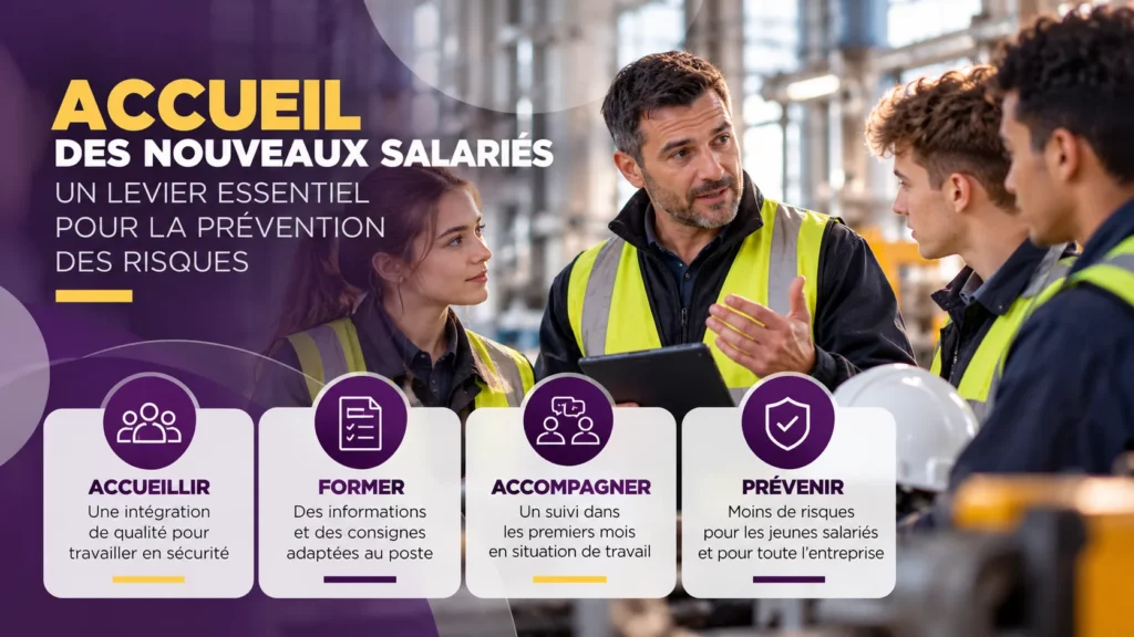 Un responsable explique les consignes de sécurité à de jeunes salariés dans un atelier, illustrant l'accueil et la prévention des accidents du travail.