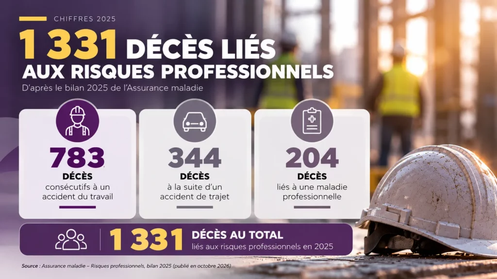 Infographie du bilan 2025 des risques professionnels : 783 décès par accident du travail, 344 par accident de trajet et 204 liés aux maladies professionnelles.