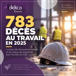 Accidents du travail en 2025 : 783 décès recensés par l’Assurance maladie, illustrés par un casque de chantier sur un lieu de travail.
