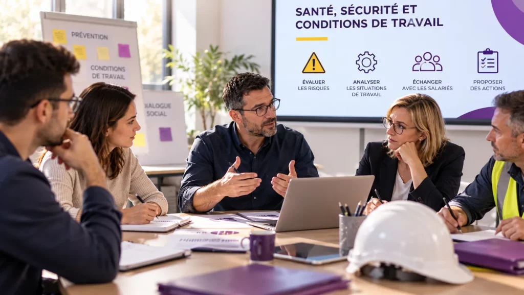 Réunion de représentants du CSE autour des risques professionnels, de la prévention des accidents du travail et de l'amélioration des conditions de travail.